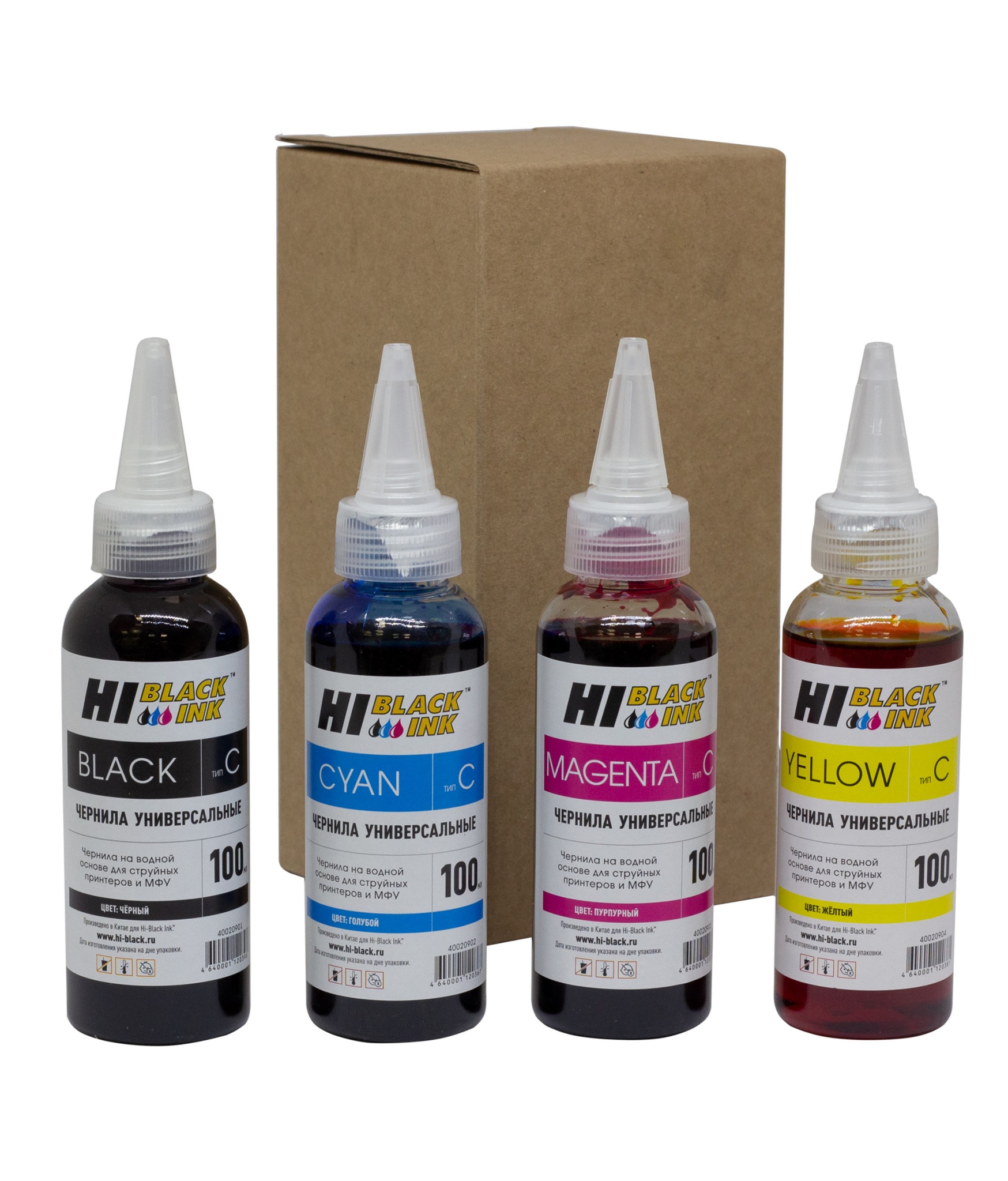 Комплект универсальных чернил Hi-Black для Canon (тип C), на водной основе, 4 цвета (4х100 мл.)